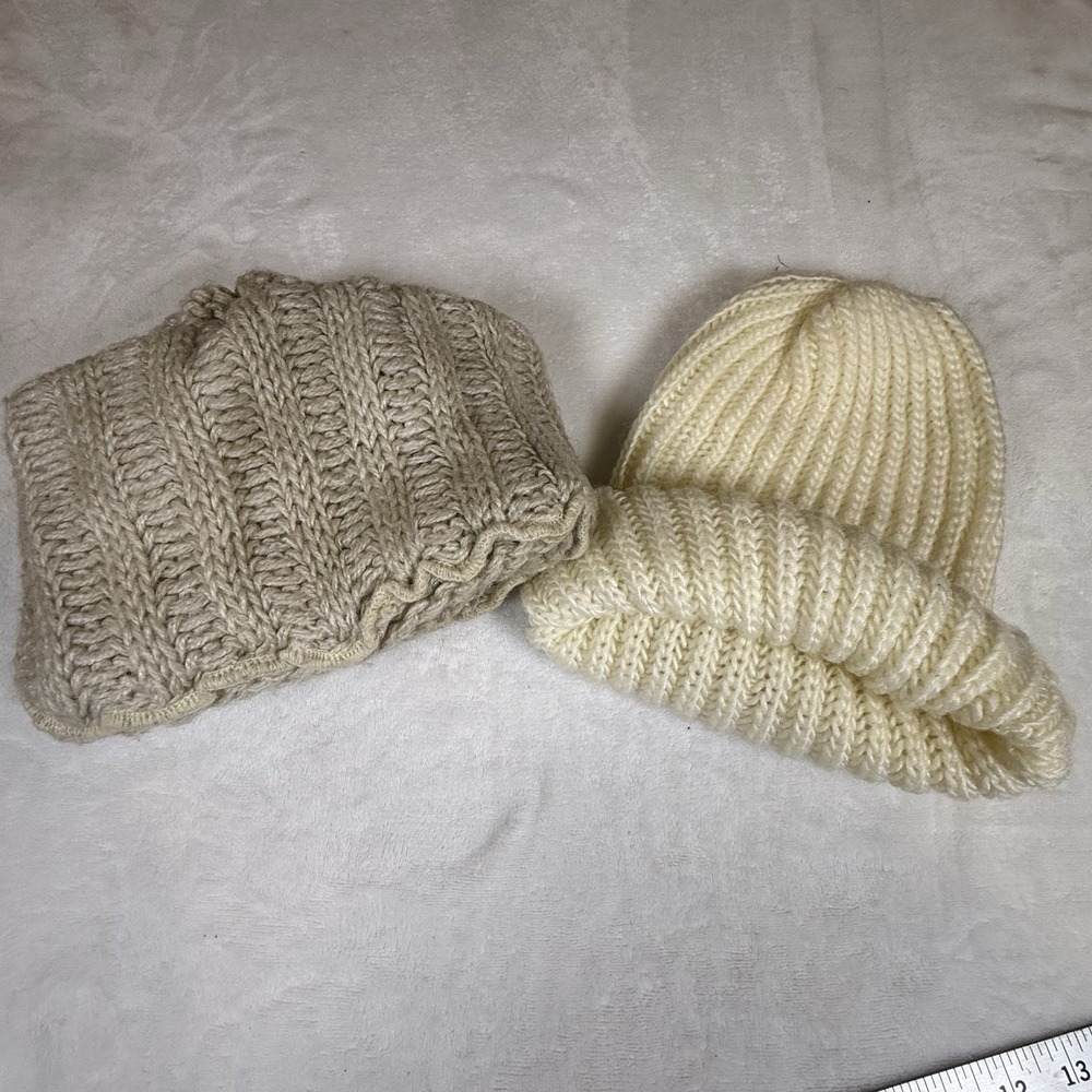 2 Handmade Knit Beanie Hats Cream Beige Chunky Ribbed Winter Cap Unisex